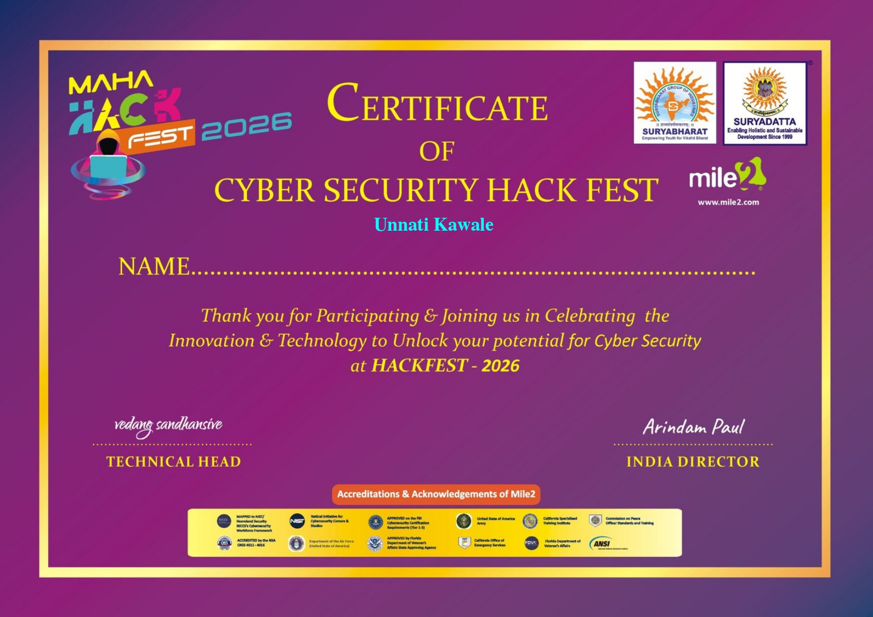 Cyber Security HackFest Certificate